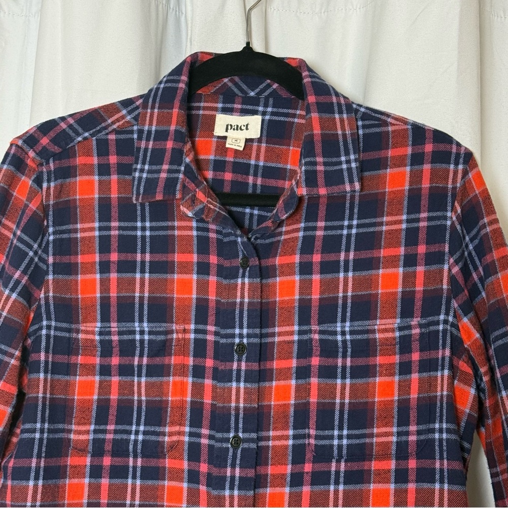 Pact Organic Cotton Plaid Flannel Shirt Womens Medium Blue Red - Picture 5 of 13